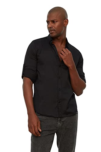 Trendyol Męska koszula Slim Fit Basic zapinana na guziki tkana koszula czarna, Czarny, S