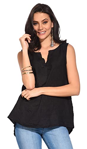 Bonateks damska top 100% lniana tunika Made in Italy, top bez rękawów z tunezyjskim kołnierzem, czarna, rozmiar: XL, czarny, XL