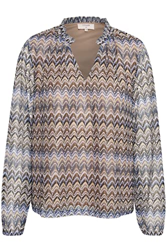 Damska koszulka Cream V-Neck Print Długi rękaw damska, Blue Weave Multi Lace Stripe, 32