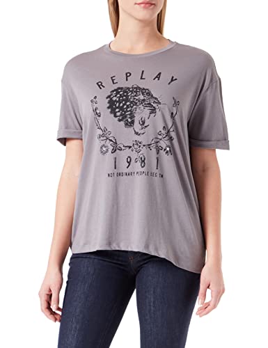 Replay T-shirt damski z krótkim rękawem z nadrukiem, 319 szary, L