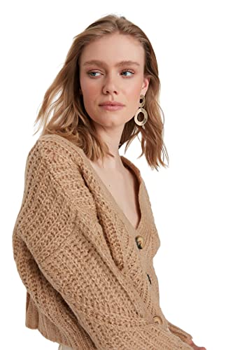 Trendyol Damski regularny kardigan z dzianiny z dekoltem w serek, Wielbłądzi, S