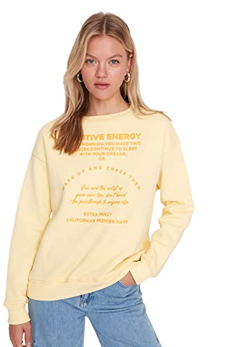 Trendyol Damska bluza z okrągłym dekoltem z dopasowanym hasłem, żółta, L, ŻÓŁTY