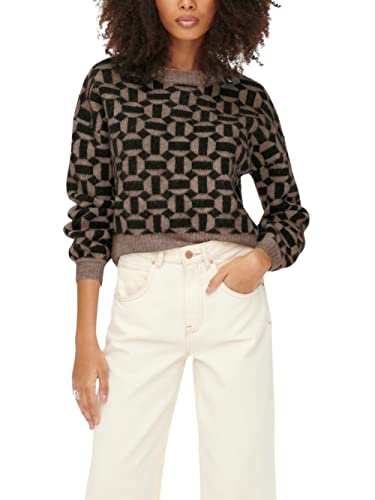 Tylko sweter damski regularne dopasowanie, z długim rękawem z mankietami typu okrągły szyi, Standardowa długość, Kolor Toasted Coconut Wzór 15268015, Toasted Coconut/Wzór:Melange/Black Melange, S