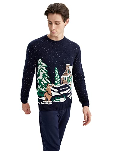 DeFacto Męski sweter z dzianiny z długim rękawem, okrągły dekolt, slim fit dla mężczyzn, topy (granatowy, L), grantowy, L