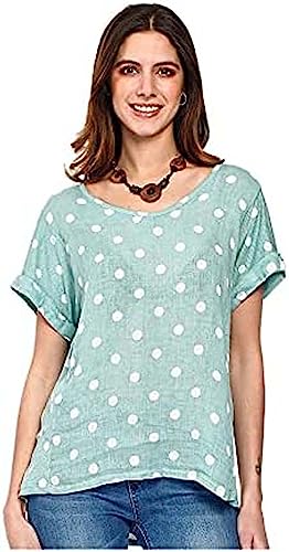 Bonateks, Top z czystym lnianym wzorem w kropki i dekoltem w serek, 100% len, rozmiar DE:40, rozmiar US:XL, topy, jadeit/biały - wyprodukowano we Włoszech, zielony, 40