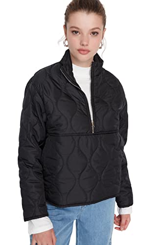 Trendyol Damska bluza z kapturem, jednokolorowa, oversize, kurtka zimowa, czarny, L, Czarny