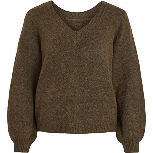 Vila Damski sweter z dzianiny, dekolt w serek, Krokodyl/szczegóły: melanż, XL