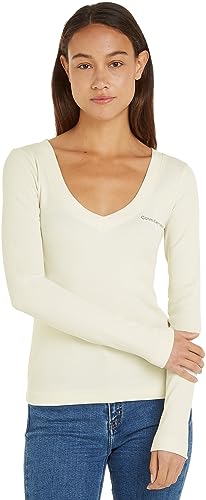 Calvin Klein Jeans Damska dzianinowa bluzka z dekoltem w serek Monologo z długim rękawem L/S, kość słoniowa, S
