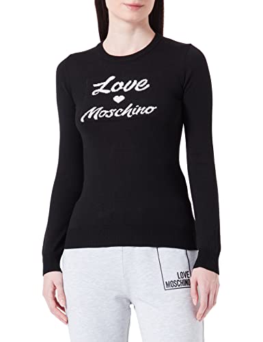 Love Moschino Damski sweter z długim rękawem, krój slim fit, z włoskim logo, żakard, Intarsia, czarny, 46