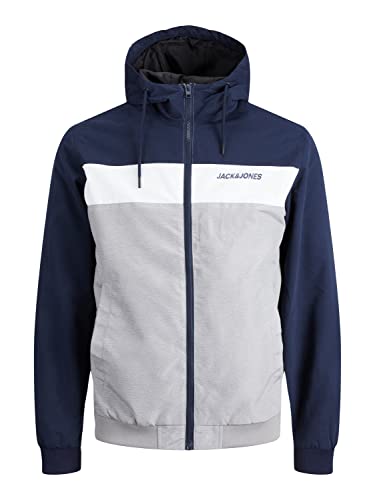 JACK & JONES PLUS Męska kurtka bomberka JJERUSH Hood Bomber NOOS PLS, Navy Blazer/Detail:White/Light Grey Melange Blocking, 4XL, Navy Blazer/Detail:White/Light Grey Melange Blocking