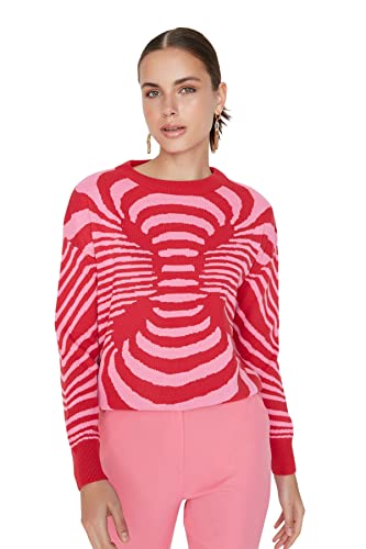 Trendyol Damski sweter z dzianiny o regularnym kroju z okrągłym kołnierzem, różowy, S