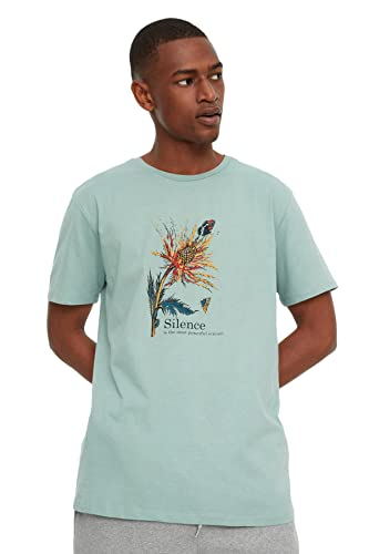 Trendyol Męska mięta, regularny krój, okrągły kołnierz, krótki rękaw, nadruk, t-shirt męski, rozmiar M