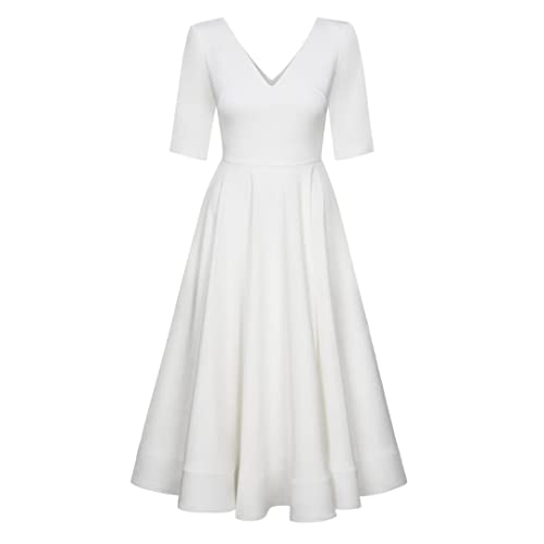 Swing Fashion Sally Rose damska sukienka midi | elegancka sukienka | odświętna sukienka | sukienka imprezowa | suknia wieczorowa | suknia ślubna | sukienka balowa | dekolt w serek | rękawy 3/4, biały,