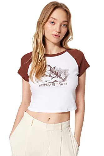 Trendyol Damska koszulka z dzianiny slim fit basic z okrągłym dekoltem, Brązowy, M