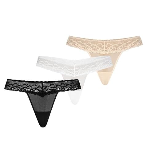 Teyli Damskie stringi tanga z siatki z koronką, 3 sztuki w opakowaniu, wielokolorowa, S