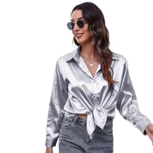 Clotth Damska koszula z długim rękawem z satynowego jedwabiu Button Down Shirt, Szary-XL, XL