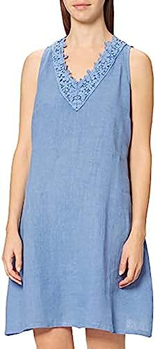 Bonateks, Sukienka bez rękawów z haftem na dekolcie w serek, 100% len, rozmiar DE:38 rozmiar US: L, niebieskie dżinsy - wyprodukowano we Włoszech, niebieski, 38