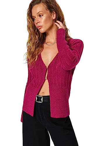 Trendyol FeMan Slim Fit Basic kardigan z dzianiny z dekoltem w serek, fuksja, M, fuksja, M
