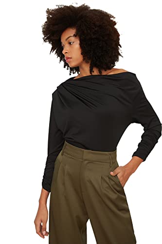 Trendyol Damska bluza Black Kayak Collar Draped Knitted Blouse, czarny, L