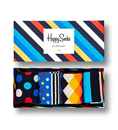 Happy Socks Stripe Gift Box, kolorowe i zabawne, Skarpety dla kobiet i mężczyzn, Niebieski-Czerwony-Turkus-Biały-Żółty 4 pary (41-46)