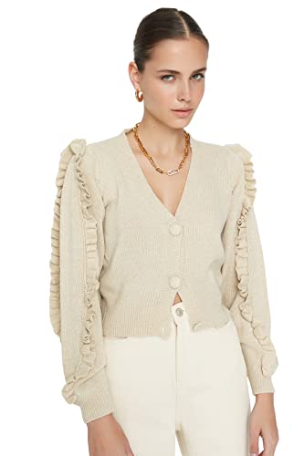 Trendyol Damski standardowy standardowy kardigan z dzianiny z dekoltem w serek, KAMIEŃ, L