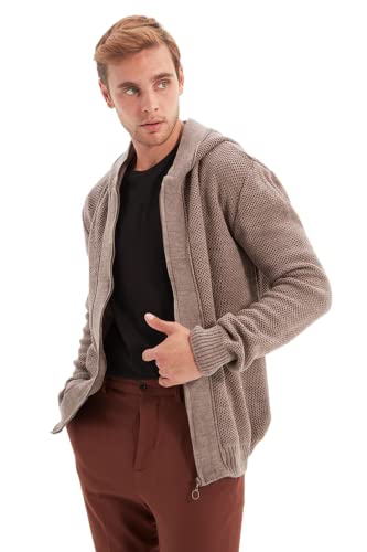 Trendyol Męski męski Plus Size Slim Bodycon Kaptur Tkany Kardigan Sweter, Mink Color, L