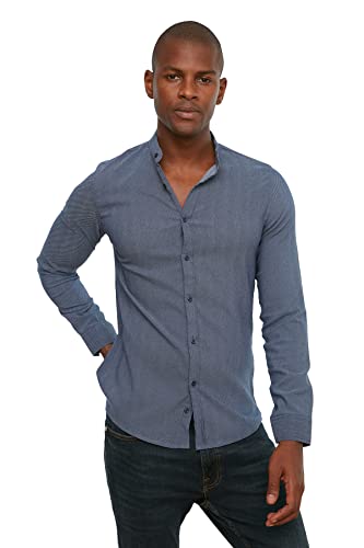 Trendyol Męska koszulka z długim rękawem Navy Blue Mens Slim Fit Judge Collar Long Sleeve Shirt, S