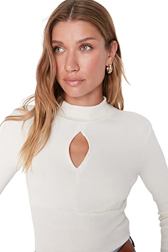Trendyol Damska bluzka z dzianiny o kroju slim fit basic ze stójką, Ecru, L