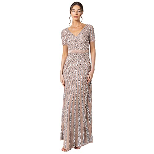 Maya Deluxe Damska sukienka maxi Maya z krótkim rękawem w paski zdobiona sukienka maxi dla druhny, taupe, 24