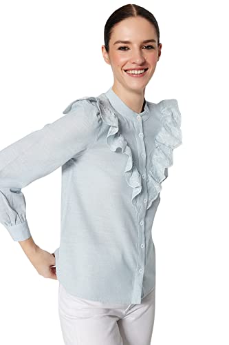 Trendyol Damska koszula o regularnym kroju Basic Crew Neck Tkana, niebieska, 34, NIEBIESKI, 60