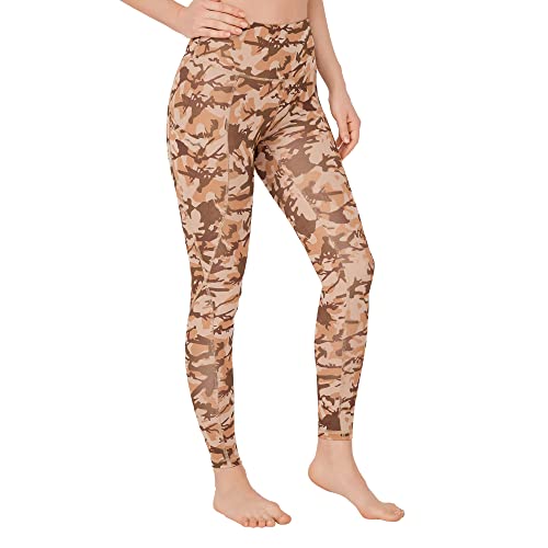LOS OJOS Camo legginsy damskie – wysoka talia, wyszczuplający brzuch, kamuflaż, legginsy treningowe dla kobiet, beżowy-khaki, L
