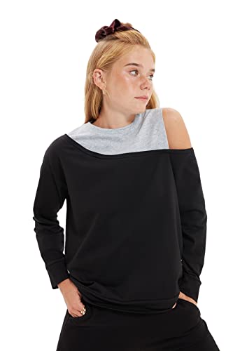 Trendyol Damska bluza z dzianiny z okrągłym dekoltem o regularnym kroju, Czarny, S