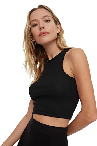 Trendyol Camel Flyilli Super Crop-Fin z dzianiny Koszulka damska, czarny, XXS