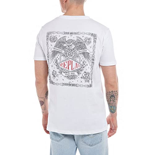 Replay T-shirt męski z krótkim rękawem z nadrukiem, 001 White, M