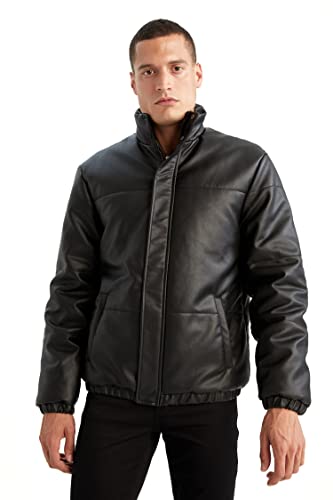 DeFacto Skórzana kurtka do odzieży rekreacyjnej – DeFacto skórzany płaszcz dla mężczyzn do odzieży wierzchniej (czarna, XXL), czarny