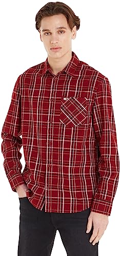 Tommy Jeans Męska koszula TJM CLSC w kratę z kieszenią na co dzień, Czerwona kratka, S