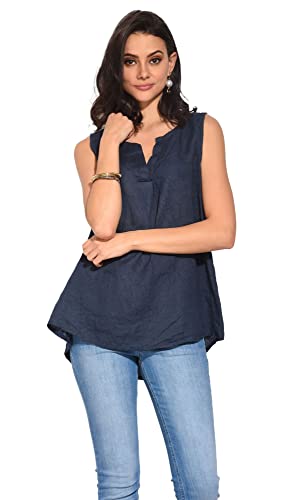 Bonateks damska top 100% lniana tunika Made in Italy, top bez rękawów z kołnierzem tunezyjskim, granatowy, rozmiar: L, granatowy, L