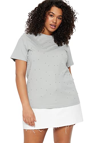 Trendyol Damska koszulka z dzianiny o regularnym kroju z okrągłym dekoltem w rozmiarze plus size, szara, 3XL, szary, 3XL