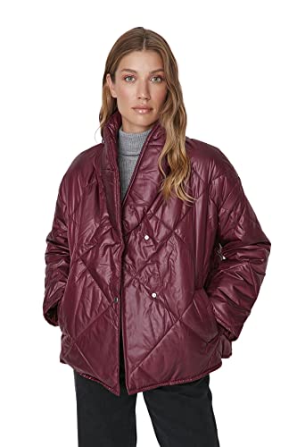 Trendyol Damska kurtka zimowa z klapą w romby, oversize, bordowy, XS, Burgund