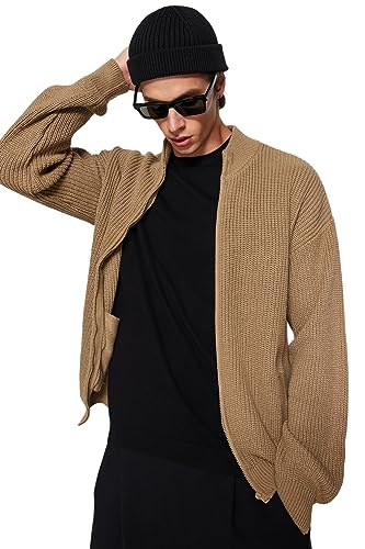 Trendyol Męski regularny krój podstawowy kardigan z dzianiny z wysokim dekoltem, norka, M, Norka, M