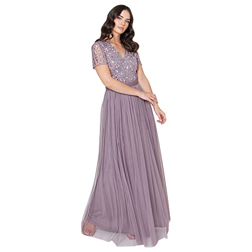 Maya Deluxe Damska sukienka maxi, damska suknia balowa z dekoltem w serek, krótkie rękawy, długa, elegancka, w stylu empire, na wesele, Nastrojowy liliowy, 32
