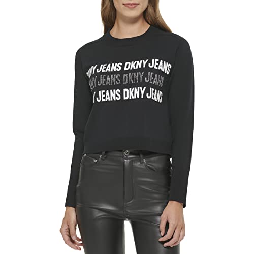 DKNY Damska bluza z długim rękawem Crewneck Studs Jeans Logo Sweater, czarny, M