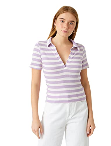 Koton Damska koszulka z dekoltem w serek z krótkim rękawem w paski, Lilac Stripe (06y), S
