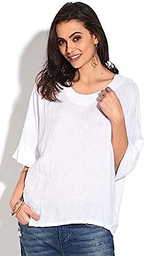 Bonateks, Krótka sukienka z marszczonym dnem i okrągłym kołnierzem marszczonym, 100% len, rozmiar DE:36 rozmiar US: S, pustynia - wyprodukowano we Włoszech, beżowy, 36