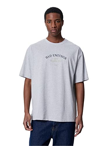 Koton Koszulka męska oversized slogan embrroidered Crew Neck Short Sleeve, szary (023), L