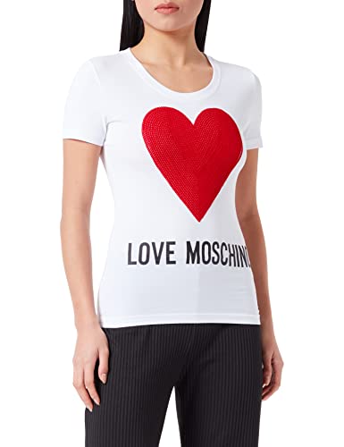 Love Moschino Tight-fit Short-Sleeved Maxi Heart with Embroidered Flock Sequins and Institutional Logo Water Print Koszulka damska, Optyczny biały, 36