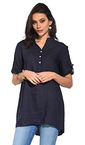 Bonateks damska top 100% lniana tunika Made in Italy, bluzka z dekoltem tunezyjskim i odpinanym długim rękawem, granatowa, rozmiar: L, granatowy, L
