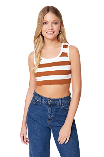 Trendyol Damska bluzka z dzianiny slim basic z kwadratowym kołnierzem, Brązowy, M