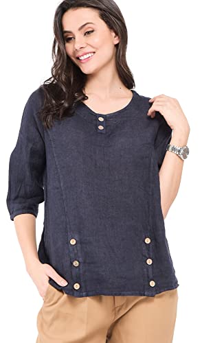 Bonateks damska top 100% lniana tunika Made in Italy, okrągły dekolt z guzikami i półrękawami, granatowa, rozmiar: XL, granatowy, XL