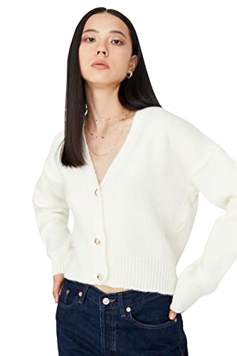 Trendyol Damski sweter rozpinany z dekoltem w serek, zwykły, Ecru, L, Ecru, L
